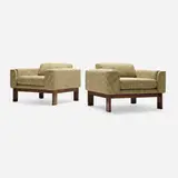 Modern, Lounge chairs, pair, c. 1975, wool upholstery, walnut
