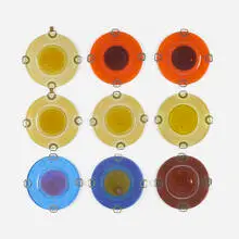 Frances and Michael Higgins, Collection of nine rondelays, c. 1960, fused glass, brass