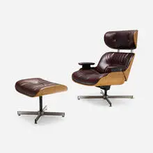 Plycraft, Lounge chair and ottoman, c. 1985, oak plywood, leather upholstery, chrome-plated steel, plastic