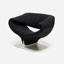Ribbon chair by Pierre Paulin, 1965, suede upholstery, lacquered wood, sold May 2026