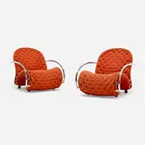 Verner Panton, 1-2-3 System lounge chairs model G, pair, 1973, chrome-plated steel, upholstery, stained ash