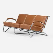 Kem Weber, Sofa, model SD-17-C, c. 1935, chrome-plated tubular steel, vinyl upholstery, walnut