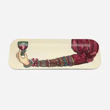 Braccio ingioiellato tray by Piero Fornasetti, c. 1952, screenprint transfer on enameled metal, sold May 2026