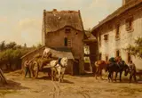 Willem Carel Nakken, A farmyard scene with horses, oil on canvas