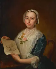Joseph Highmore, A portrait of a lady with a drawing of sheep, oil on canvas