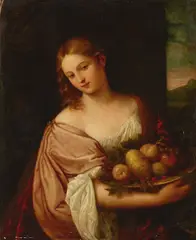 Titian, A portrait of a lady with a bowl of fruit, oil on canvas