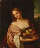 Titian, A portrait of a lady with a bowl of fruit, oil on canvas