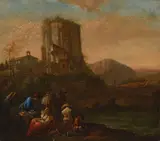 Jan Asselijn, Italian landscape with figures by a castled ruin, oil on canvas