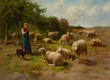Cornelius Van Leemputten, A shepherdess with her flock, oil on canvas