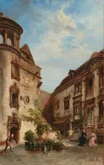 Pierre, Elegant ladies in a cour carré, oil on canvas