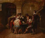 Figures dining at a table by Dutch School, oil on canvas, offered Mar 2018