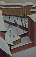 August Heitmüller, Verschneiter Hof, 1928, Öl auf Holz