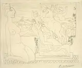 Pablo Picasso, Marie-Thérèse agenouillée contemplant un groupe sculpté, 1933, Radierung auf Bütten (Wasserzeichen: Picasso)