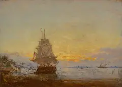 Félix Ziem, Segelboot bei Sonnenuntergang („Voilier au coucher du soleil“), Öl auf Holz