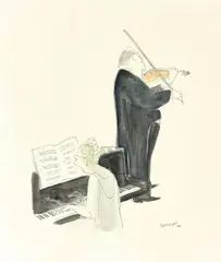 Jean-Jacques Sempé, L’accompagnatrice“ (Die Begleitung), 1986, Aquarell und Tuschfeder auf Velin