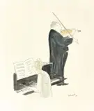 Jean-Jacques Sempé, L’accompagnatrice“ (Die Begleitung), 1986, Aquarell und Tuschfeder auf Velin