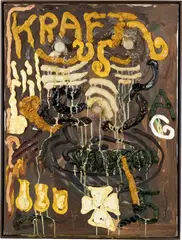 Jonathan Meese, General Sautanz de Rauchende Colts III, 2007, Öl, Acryl und Materialcollage auf Leinwand, mit Künstlerleiste