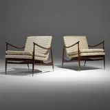 Jorge Zalszupin, Dinamarquesa lounge chairs, pair, 1959 / 2006, upholstery, Brazilian walnut, brass