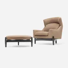 Jens Risom, Big chair and Round ottoman, upholstery, lacquered wood