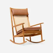 Hans Olsen, Rocking chair, teak, cane, brass, leather, webbing