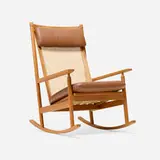 Hans Olsen, Rocking chair, teak, cane, brass, leather, webbing