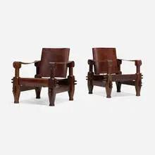 Brazilian, Safari chairs, pair, c. 1965, leather, brass, walnut