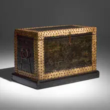 North African, Trunk, vellum, lacquered wood, iron