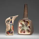 Ewer and vase by Marcello Fantoni and Aldo Londi, glazed stoneware, glass, sold Jan 2026