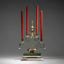 Gilbert Poillerat, Table lamp, c. 1940, enameled aluminum, patinated steel, glass, gilt steel, crystal, marble