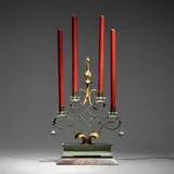 Gilbert Poillerat, Table lamp, c. 1940, enameled aluminum, patinated steel, glass, gilt steel, crystal, marble