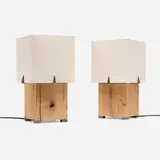 Viga table lamps, pair by Blackman Cruz Workshop, hand-hewn antique beam, brass, linen, sold Jan 2026