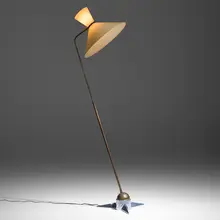 Robert Mathieu, Adjustable floor lamp, c. 1955, brass, chrome-plated brass, linen