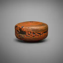 Squat cylindrical bottle by Gertrud and Otto Natzler, 1968, earthenware with Orange Red Crater glaze, sold Jun 2026