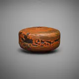 Gertrud and Otto Natzler, Squat cylindrical bottle, 1968, earthenware with Orange Red Crater glaze