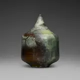Gertrud and Otto Natzler, Cylindrical bottle form, 1968, earthenware with Cat's Eye Reduction Fired glaze with melt fissures