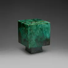 Otto Natzler, Cube with frag top, two openings, 1982-83, earthenware with Dark Green Crystalline glaze with iridescence