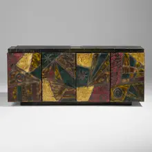 Paul Evans, Cabinet, model PE 40A, 1971, welded and enameled steel, brass, painted wood, slate, vinyl over wood