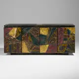 Paul Evans, Cabinet, model PE 40A, 1971, welded and enameled steel, brass, painted wood, slate, vinyl over wood