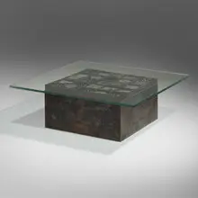 Paul Evans, Rare Sculpture Front coffee table, 1966, welded, gilt and polychromed steel, 24k gold leaf, glass