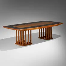 Silas Kopf, Marquetry dining table, 1998, mahogany, mixed wood inlay