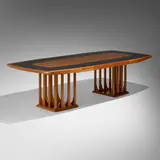 Silas Kopf, Marquetry dining table, 1998, mahogany, mixed wood inlay
