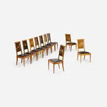 Silas Kopf, Marquetry dining chairs with flora and fauna, set of ten, 1997, walnut, oak, mixed wood inlay, leather upholstery