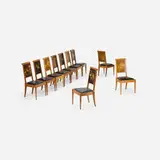 Silas Kopf, Marquetry dining chairs with flora and fauna, set of ten, 1997, walnut, oak, mixed wood inlay, leather upholstery