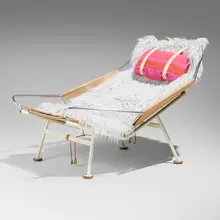 Flag Halyard lounge chair by Hans J. Wegner, matte chrome-plated steel, flag line, enameled steel, faux sheepskin, upholstery, beech, sold May 2026