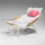 Hans J. Wegner, Flag Halyard lounge chair, matte chrome-plated steel, flag line, enameled steel, faux sheepskin, upholstery, beech