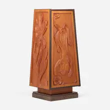James C. Abbott, Trapezoidal cabinet with cat, foliage and insects, 1966, teak, wenge, ebonized wood