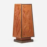 James C. Abbott, Trapezoidal cabinet with cat, foliage and insects, 1966, teak, wenge, ebonized wood