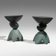 Wendell Castle, Broken Egg tables, pair, 1991, ebonized mahogany, walnut burl, copper sheeting