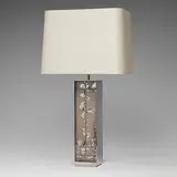 Inc. Mary Kuzma Finishing, Table lamp, mirror-polished stainless steel, glass, enamel, linen shade, chrome-plated steel