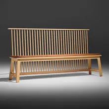 Studioilse, Bench With Back, c. 2021, ash, leather upholstery, copper